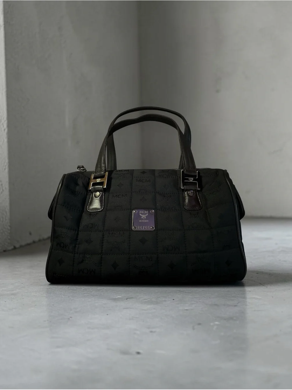 MCM Black Nylon Quilted Logo Satchel with Leather Top Handles and Side Pockets